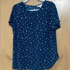 LC Lauren Conrad Blue and White Boxy Short Sleeve Blouse hearts size large